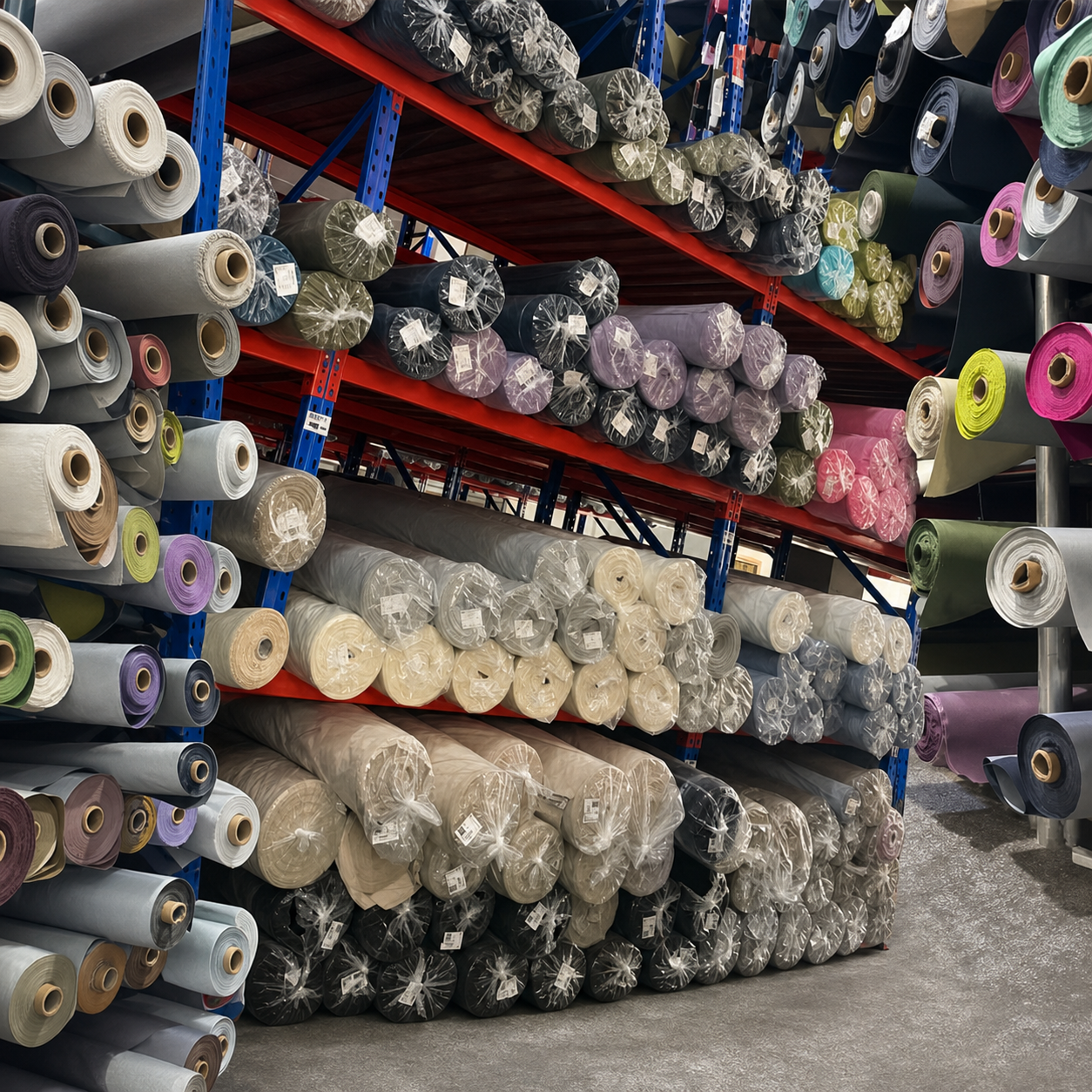 Warehouse shelves stocked with rolls of apparel fabric