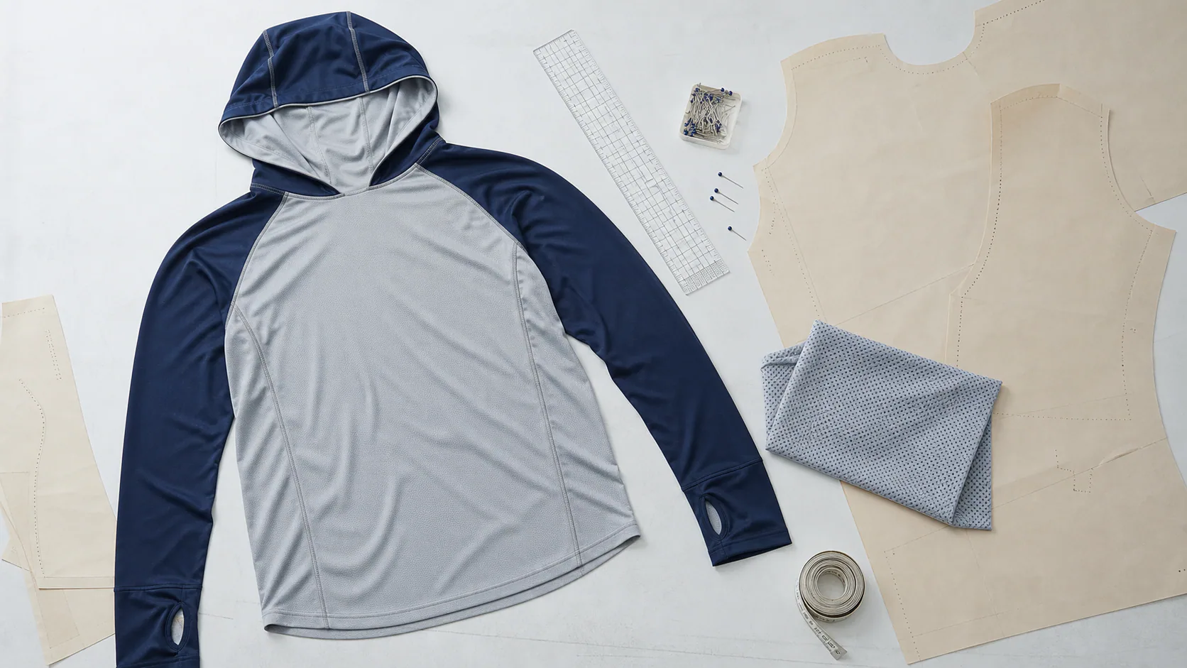 Unbranded performance fishing hoodie with pattern pieces, ruler, mesh fabric, and measuring tape on a product-development table
