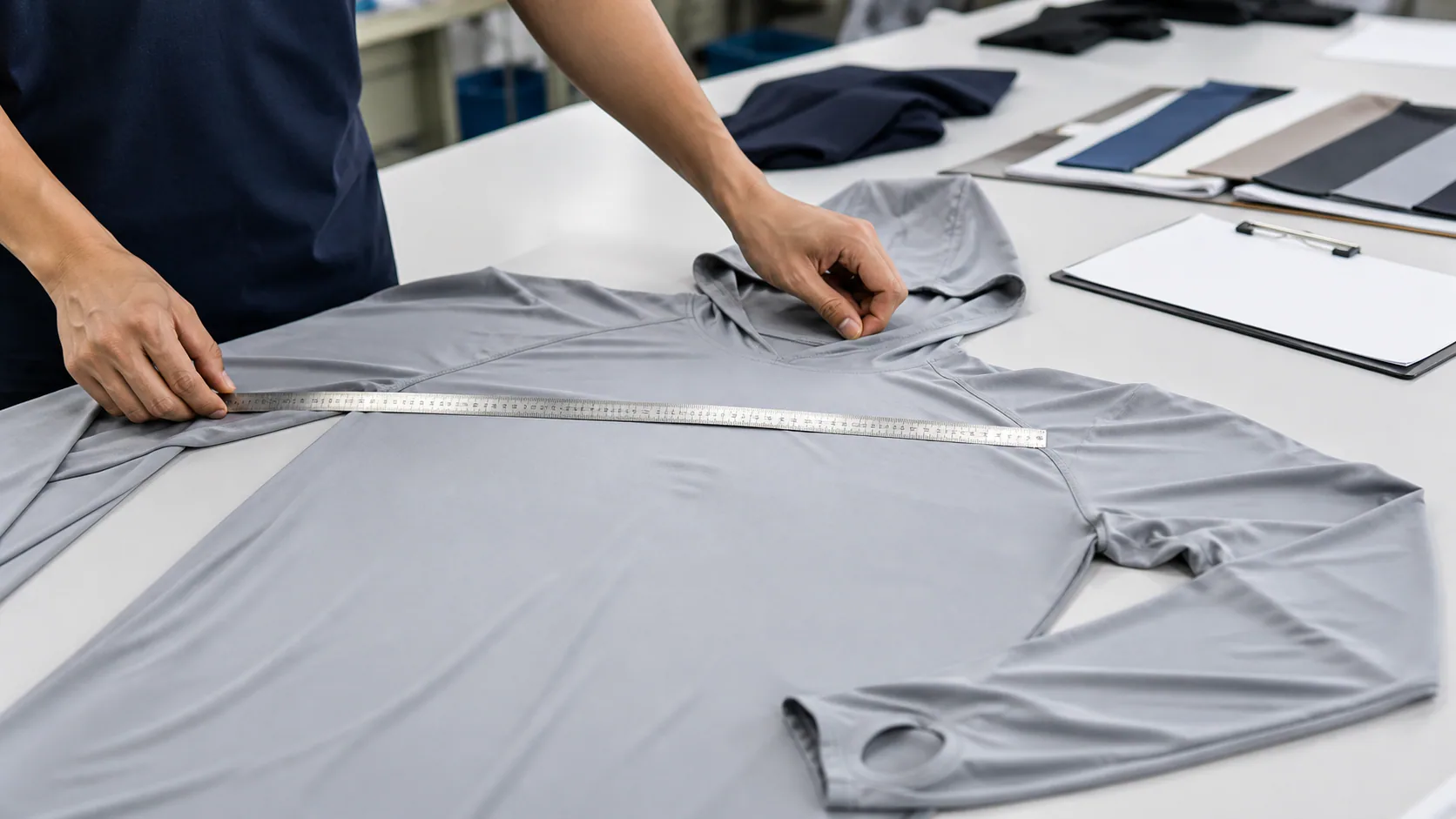 Factory technician measuring the chest of an unbranded hooded fishing shirt during quality control
