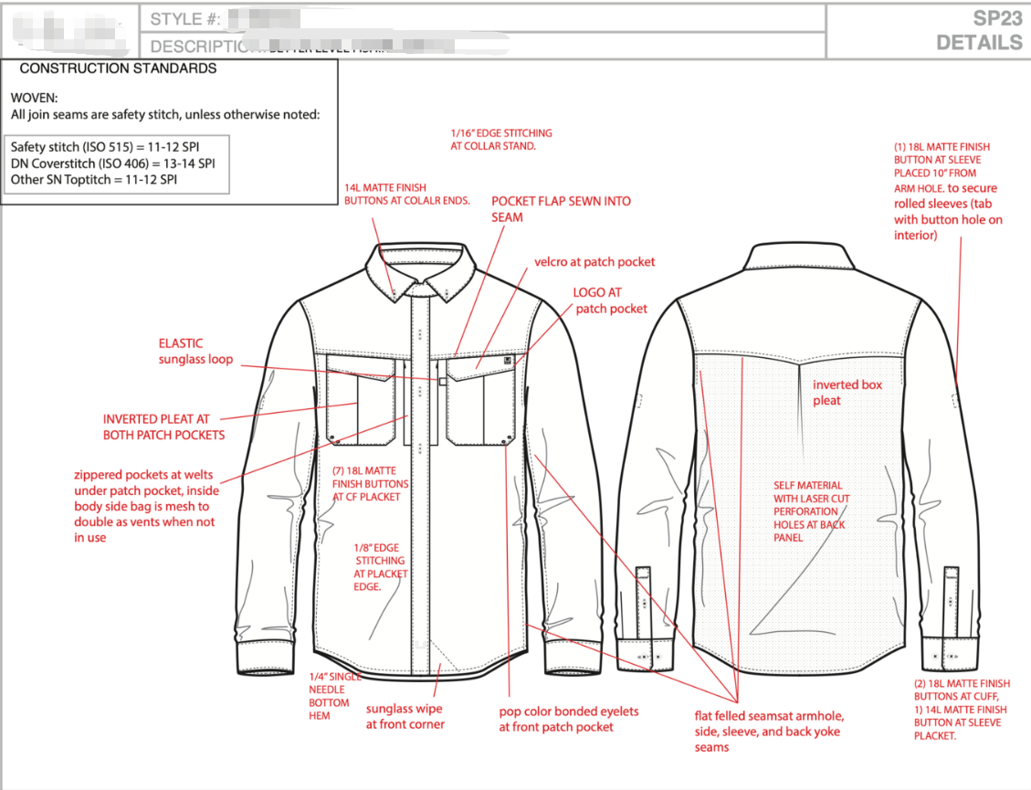 Technical drawing showing construction details for a button-up fishing shirt