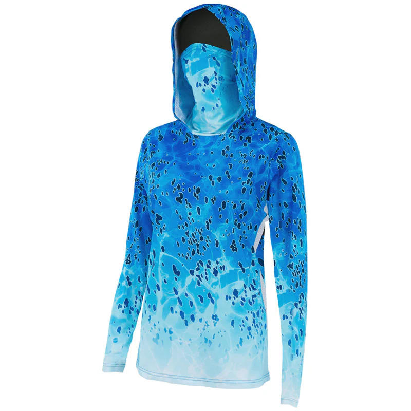 Blue women's fishing shirt with hood, long sleeves, face cover, and ocean-inspired sublimation print