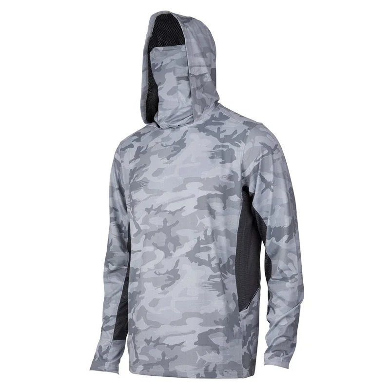 Grey camouflage sun hoodie with face cover and ventilating side panels