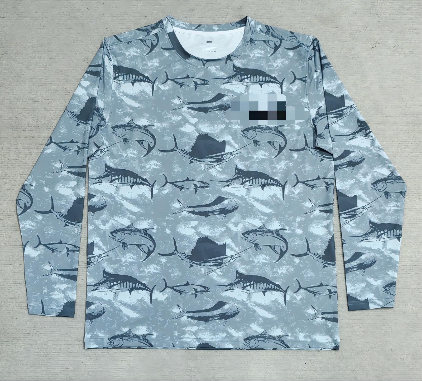Actual blue-grey all-over sublimated long sleeve fishing shirt sample with customer mark concealed