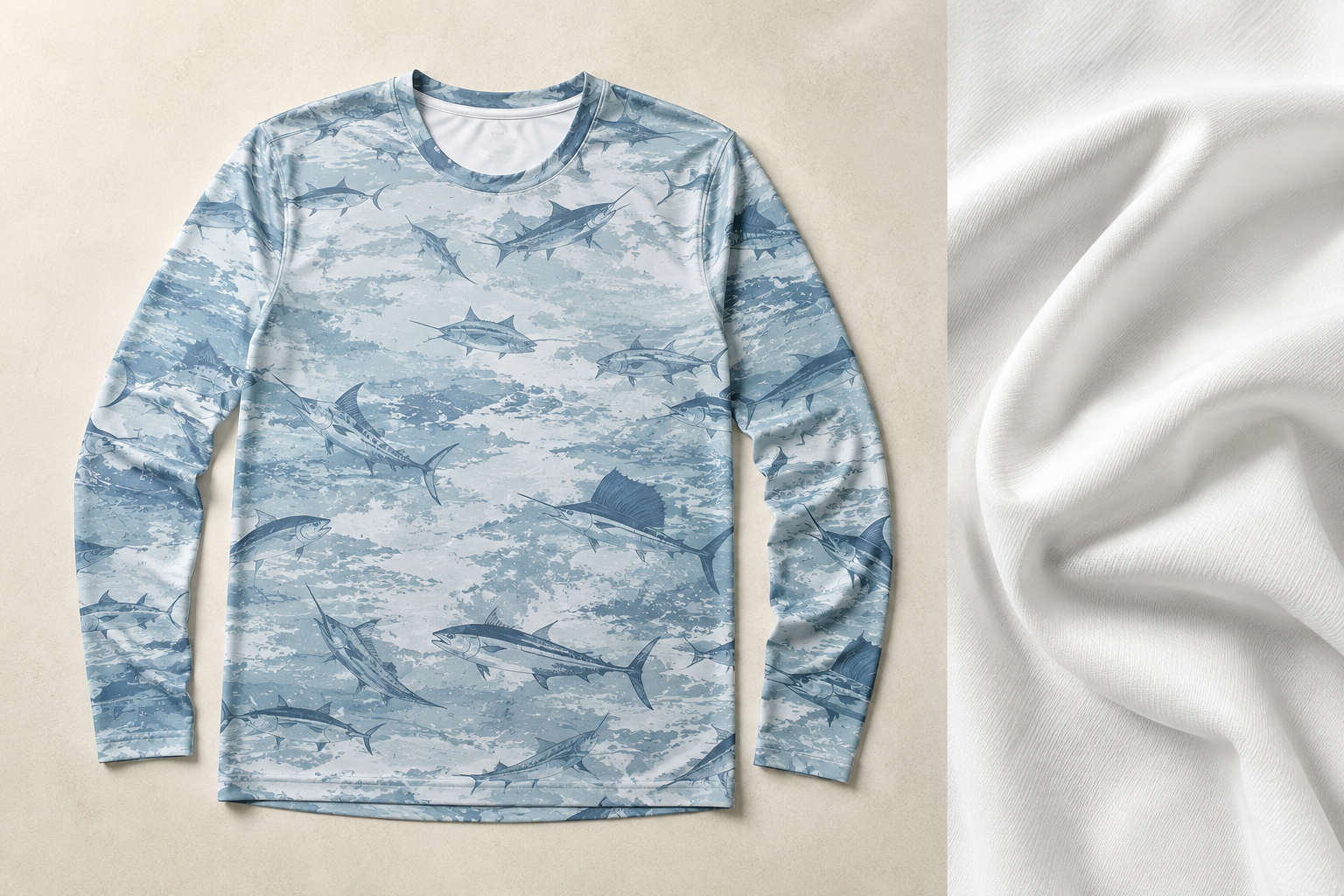 Blue-grey sublimated long sleeve fishing shirt design beside white performance knit fabric