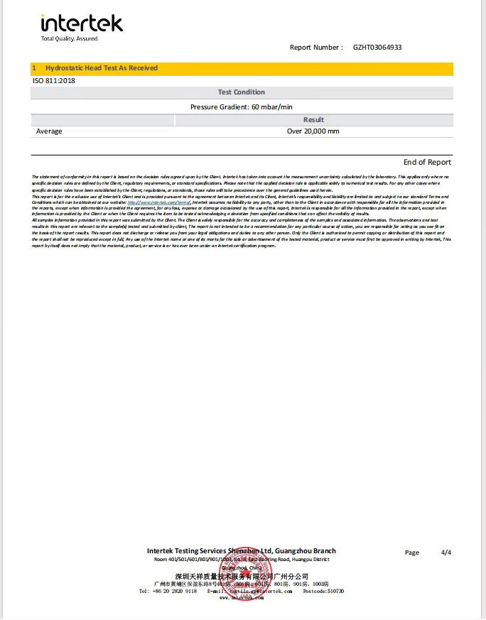 Hydrostatic head test report for fishing apparel fabric