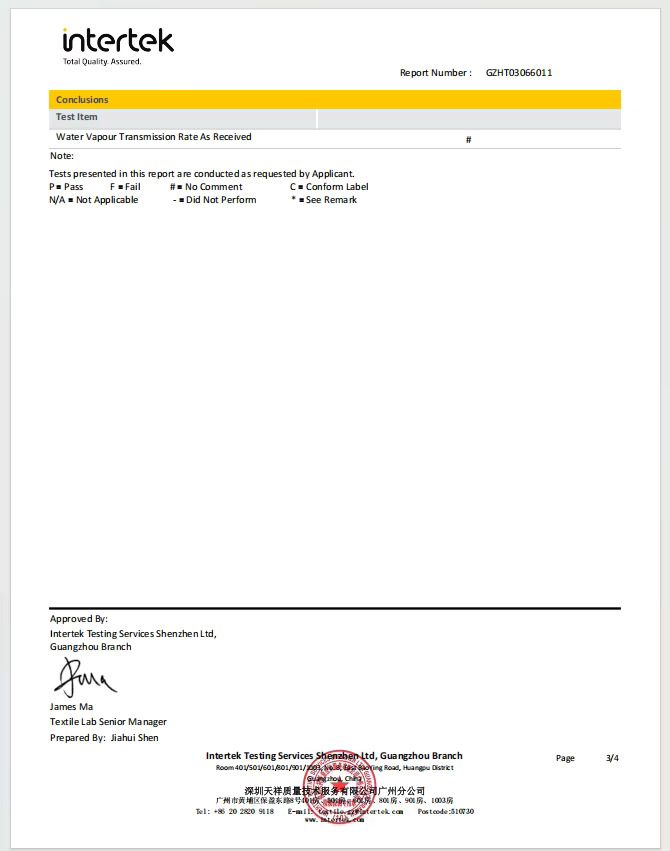 Water vapour transmission test report for breathable fishing fabric