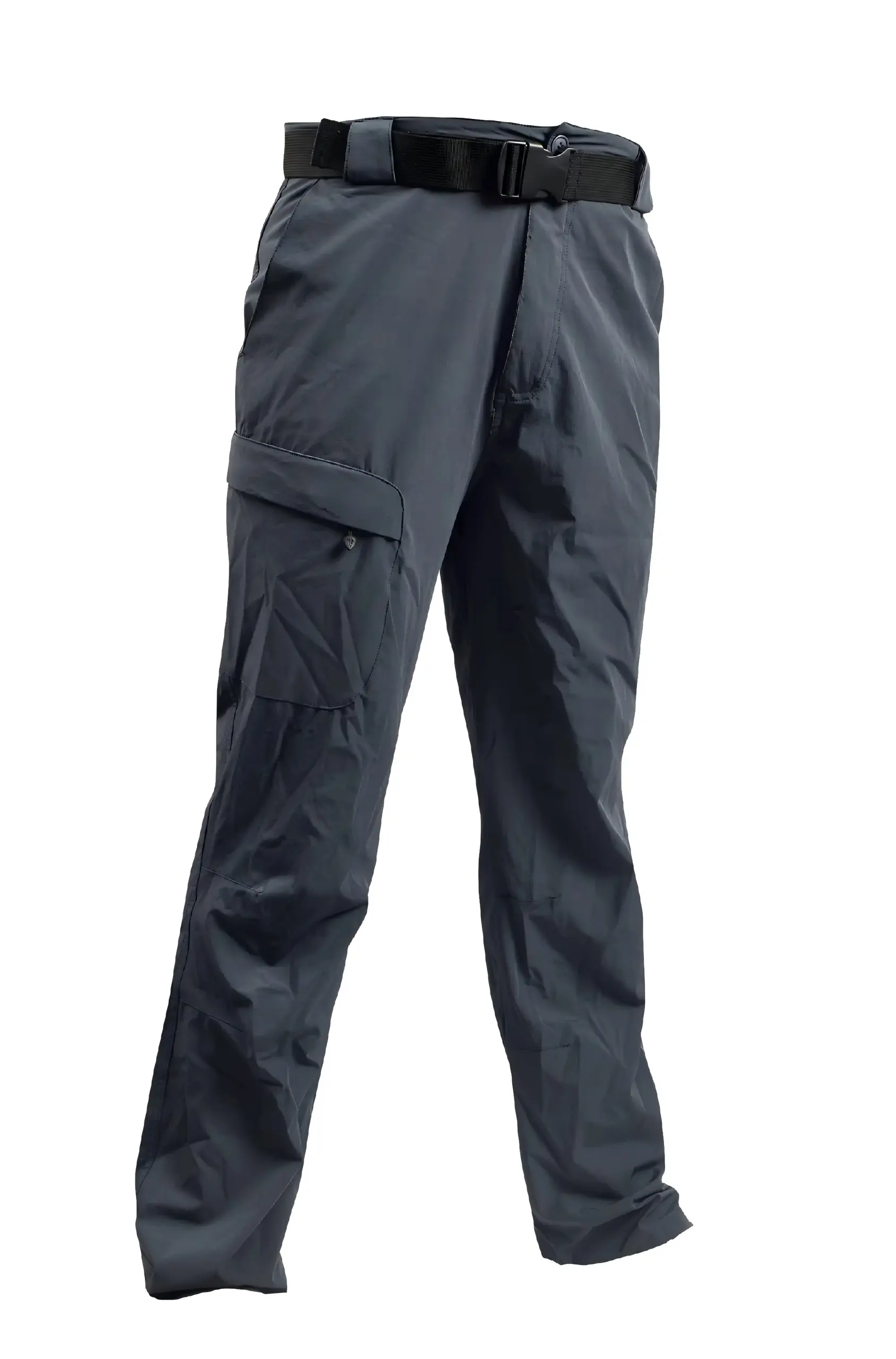 Black utility fishing pants with adjustable belt and cargo pocket