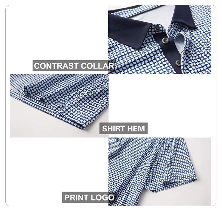 Custom fishing polo collar, shirt hem, and print logo options