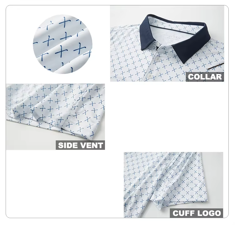 Custom fishing polo collar, side vent, and cuff logo options
