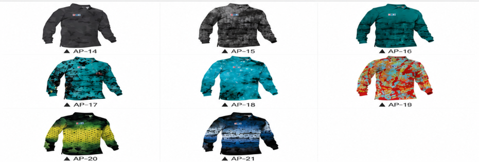 Dark and colorful fishing polo sublimation pattern options