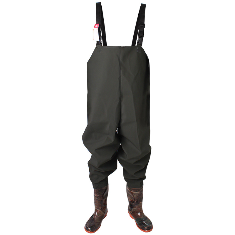 Black waterproof fishing waders with integrated boots