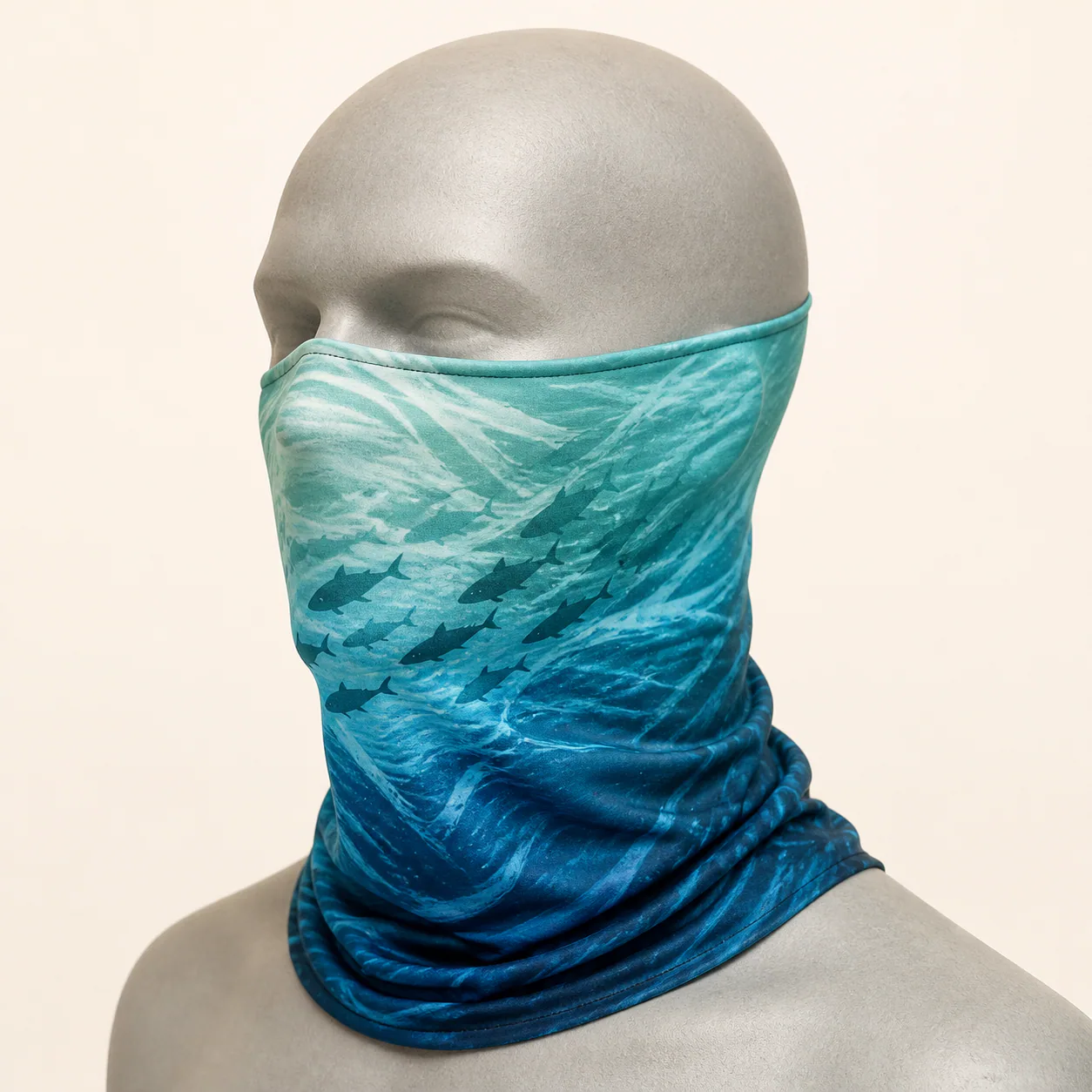 A blue fishing face mask with a detailed full-color digital print