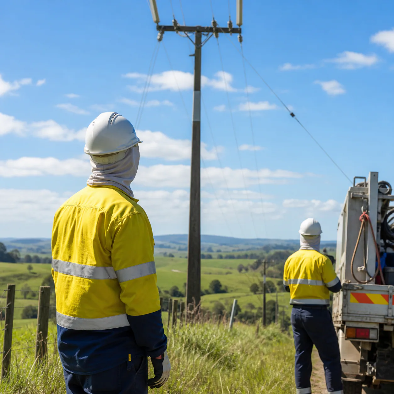 Illustrative outdoor electrical utility workers wearing lightweight sun-protection face covers