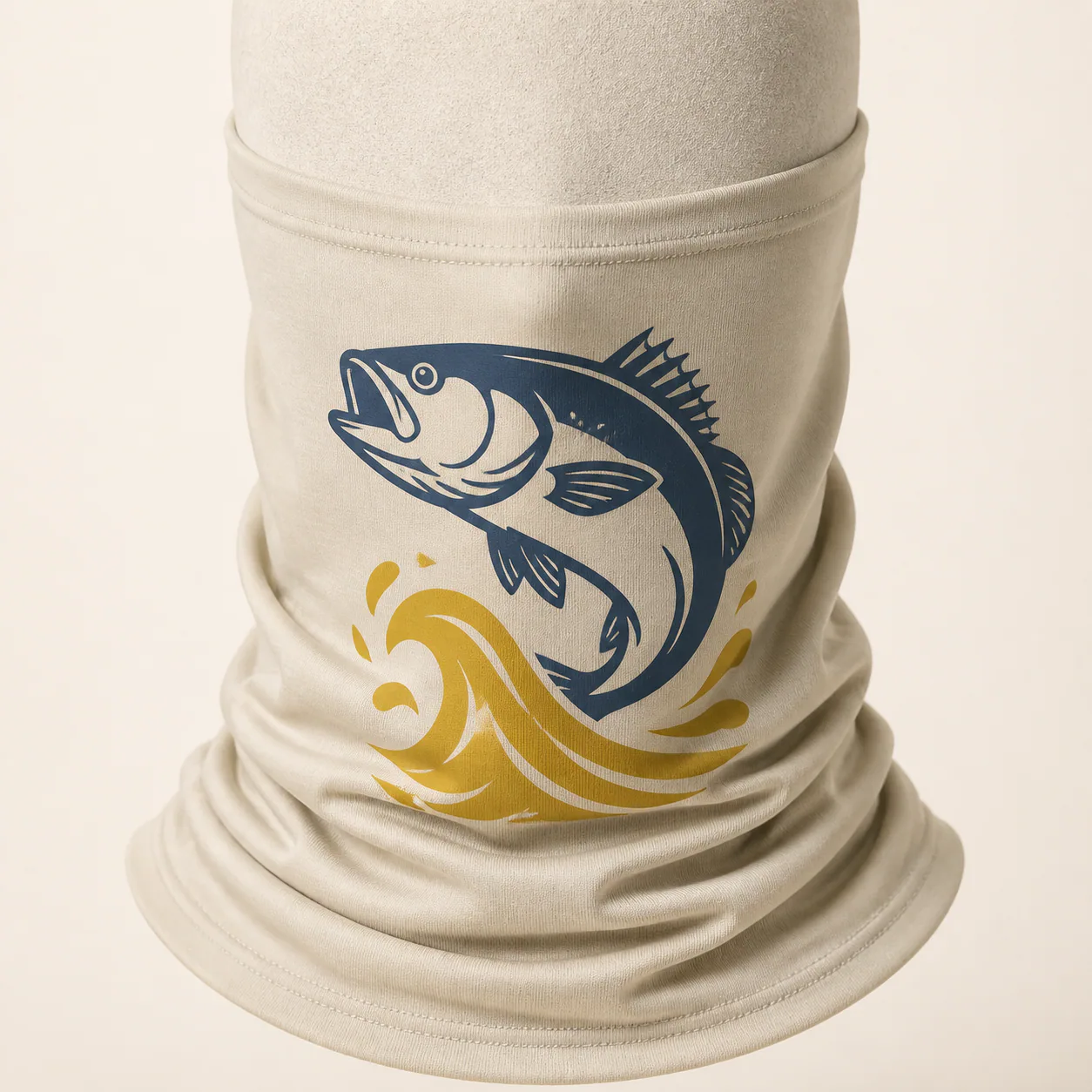 A sand fishing face mask with a simple two-color screen-printed fish graphic