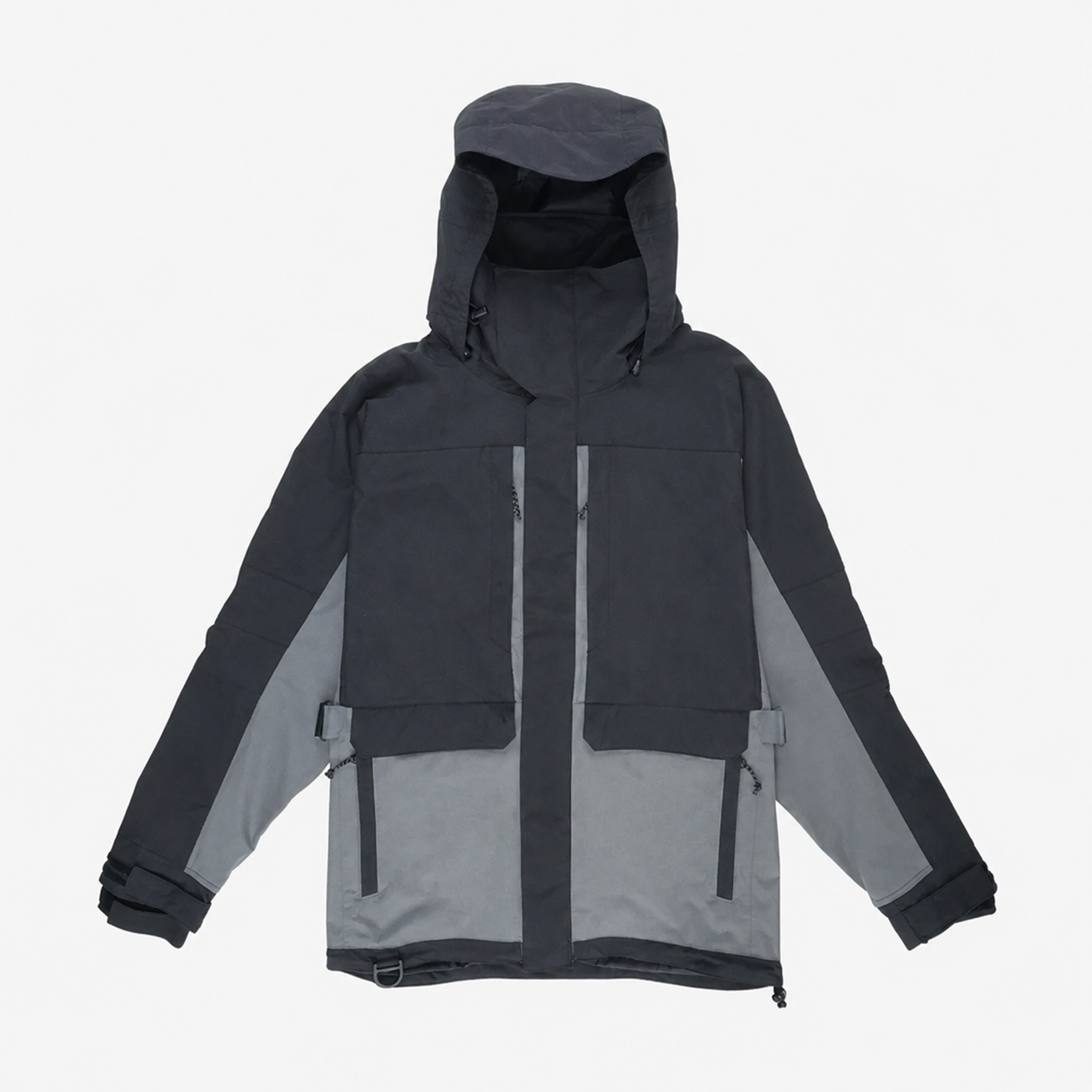 Heavy-duty black and gray hooded fishing jacket