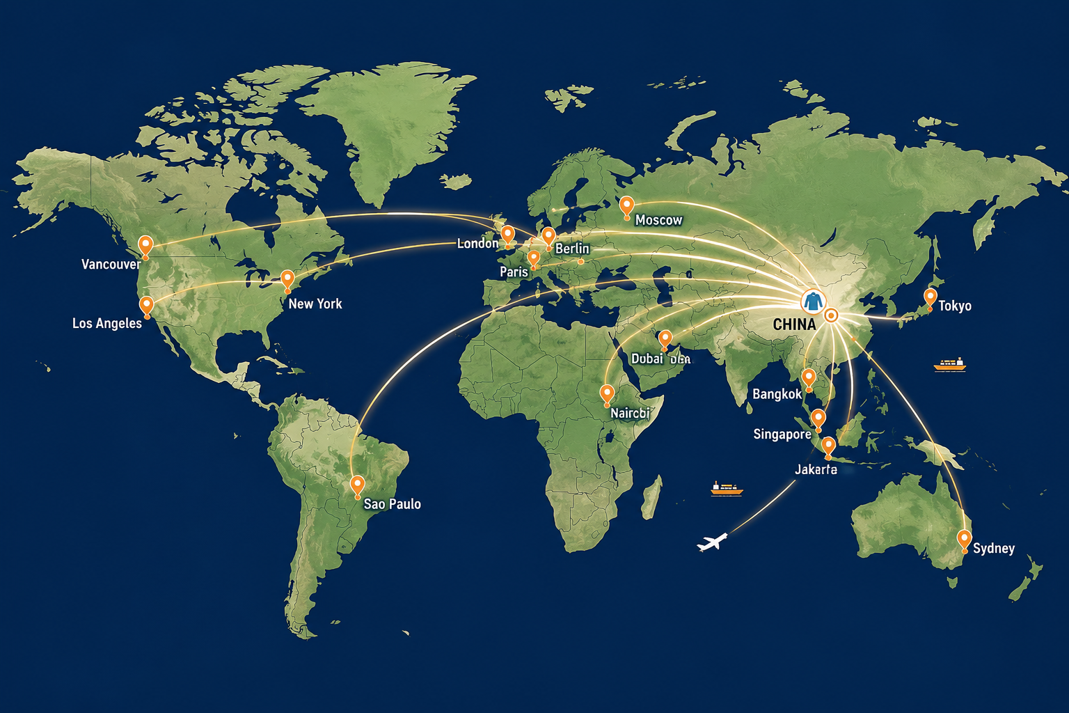 Global shipping routes from China to international fishing apparel markets