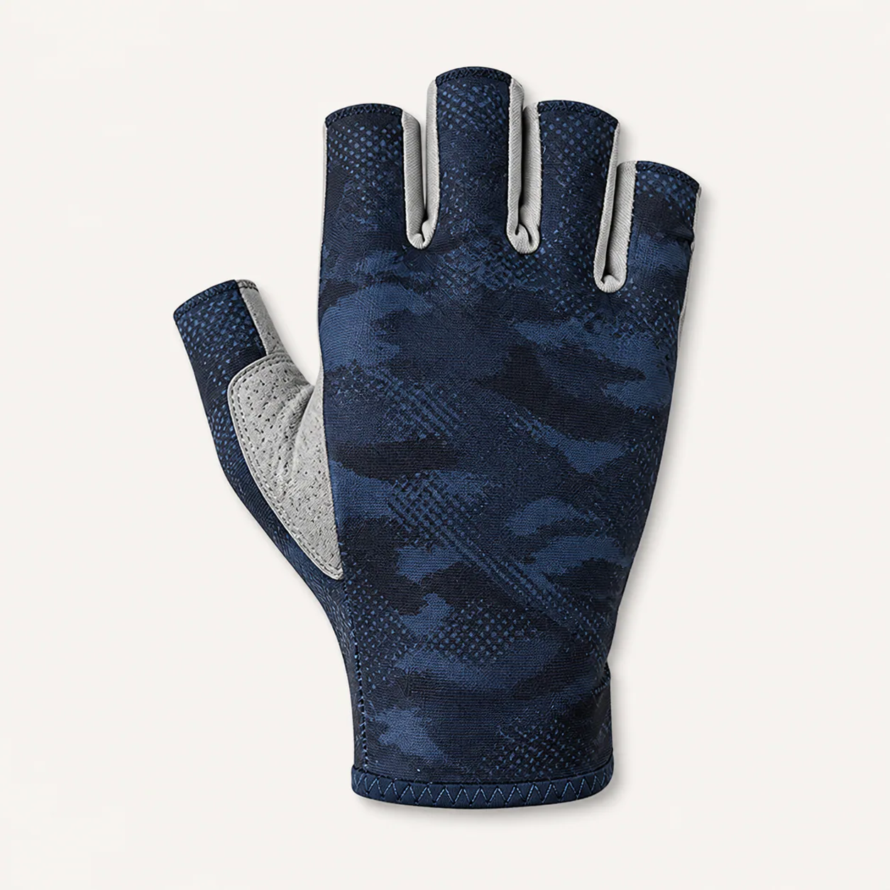 Unbranded navy fingerless fishing glove with light gray palm reinforcement