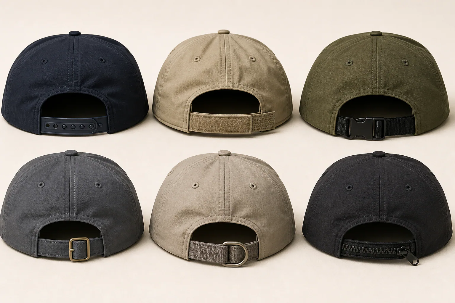 Unbranded fishing caps showing snapback, hook-and-loop, buckle, D-ring, and zipper rear closures