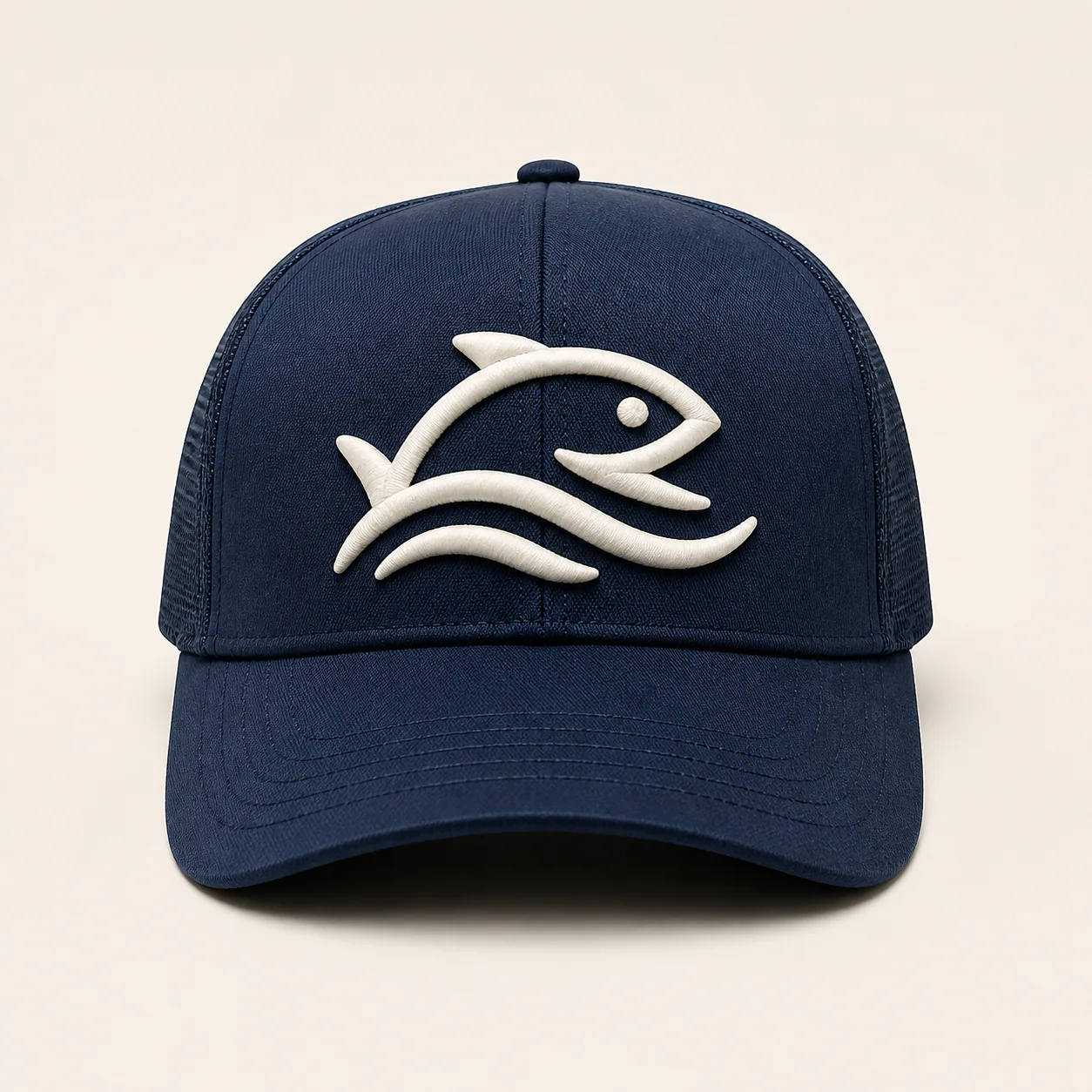 Fishing cap with raised 3D puff embroidery fish and wave logo