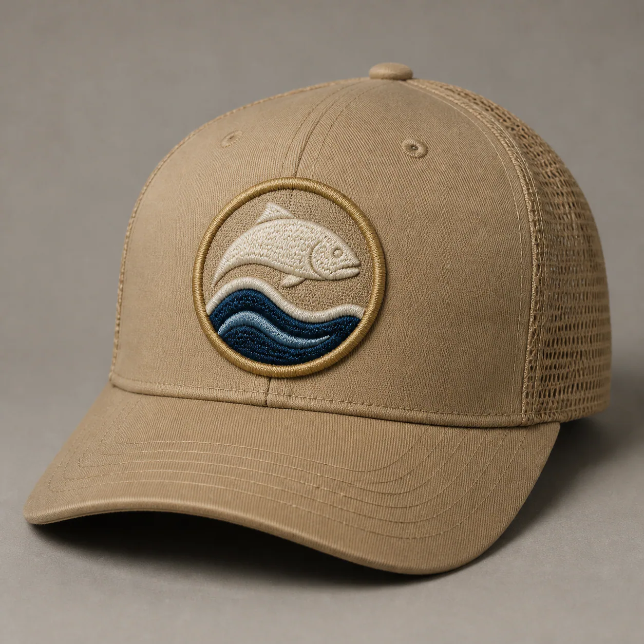 Fishing cap with a round merrowed-edge embroidered fish patch