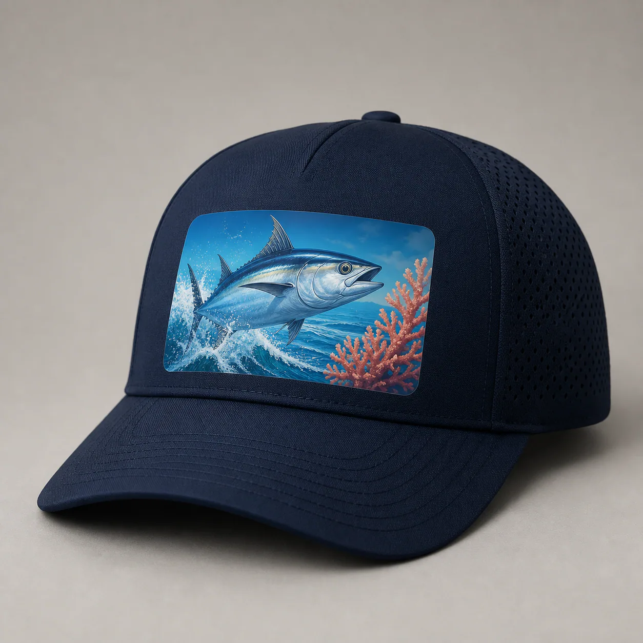 Navy fishing cap with a smooth full-color heat-transfer fish graphic