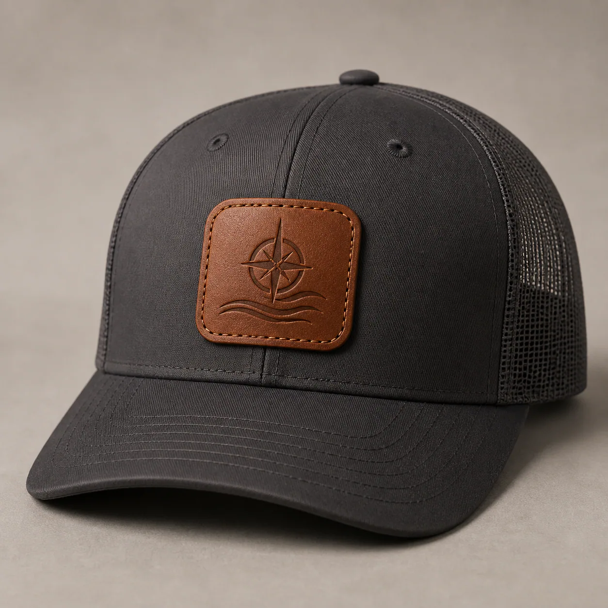 Fishing cap with a debossed brown faux-leather compass and wave patch