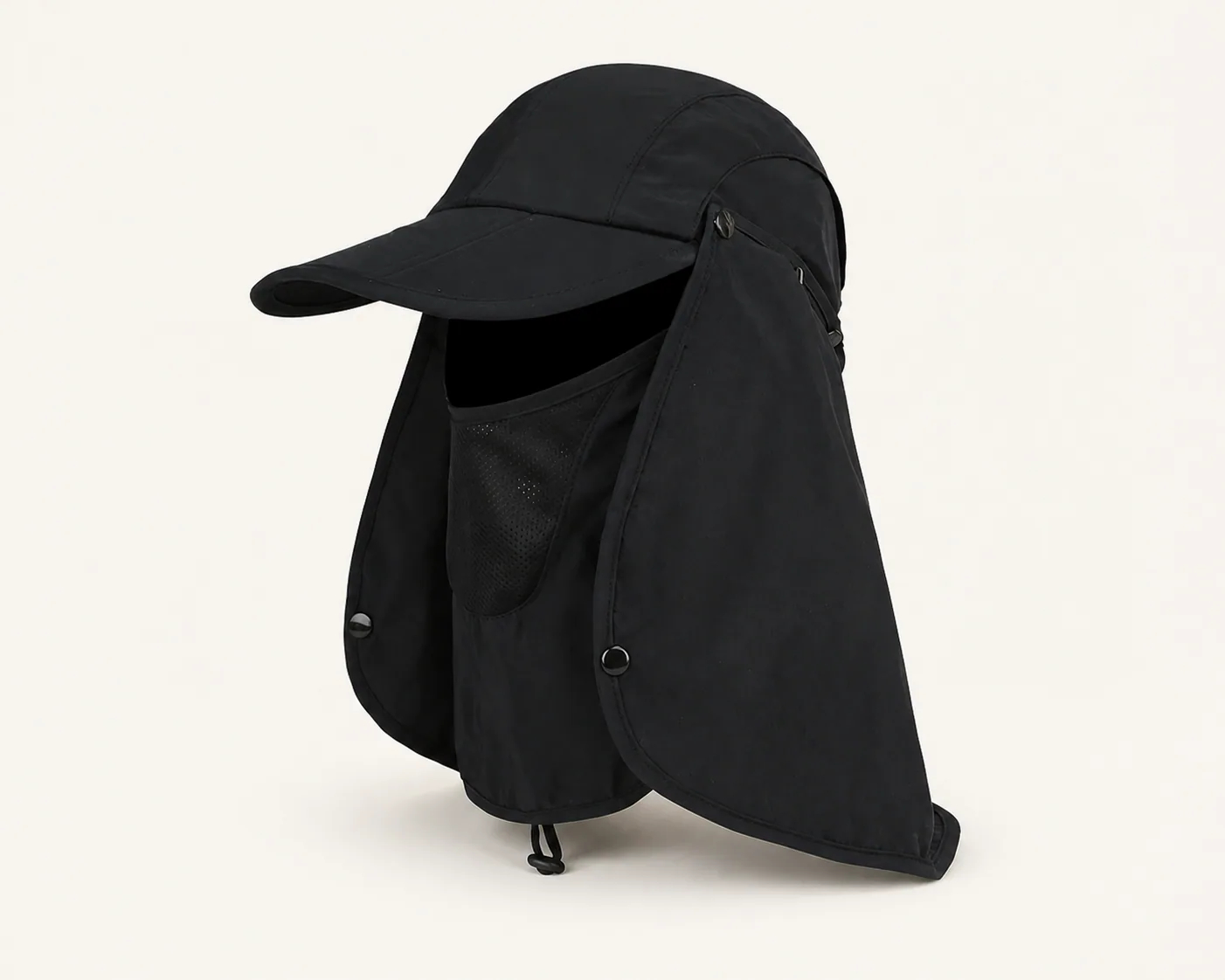 Black fishing cap with detachable neck flap and mesh face cover