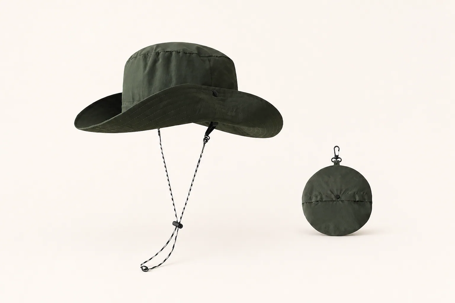 Olive green packable boonie fishing hat with chin cord and storage pouch
