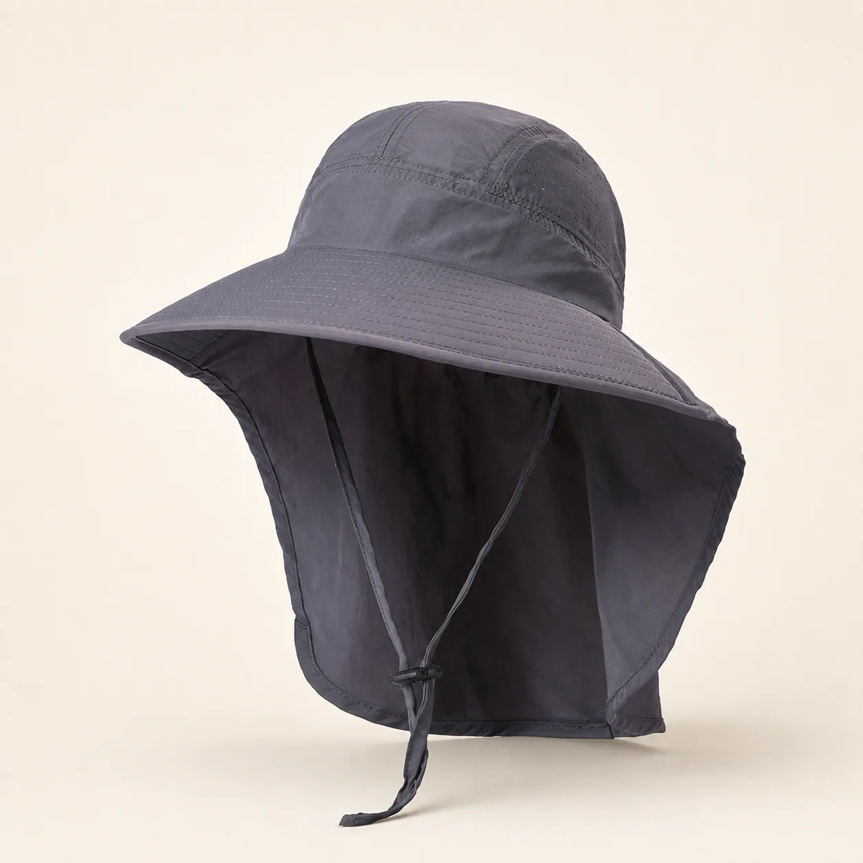 Charcoal wide-brim fishing sun hat with integrated neck flap and chin cord