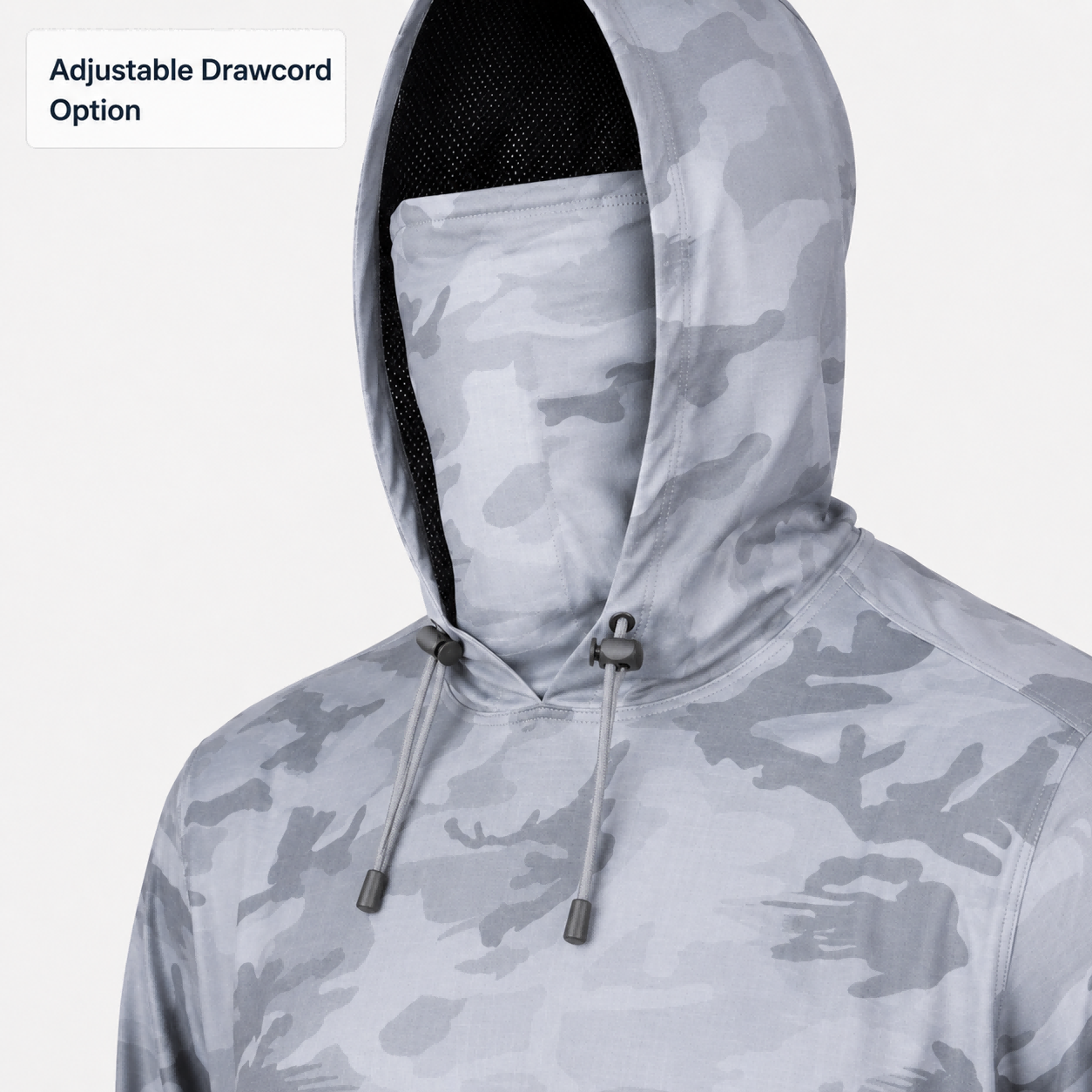 Adjustable drawcord detail for fishing hoodie