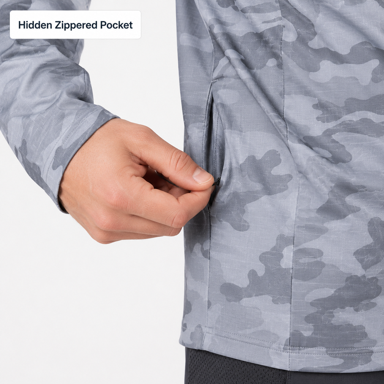 Hidden zipper pocket for fishing hoodie