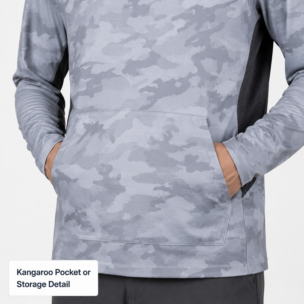 Fishing hoodie pocket detail