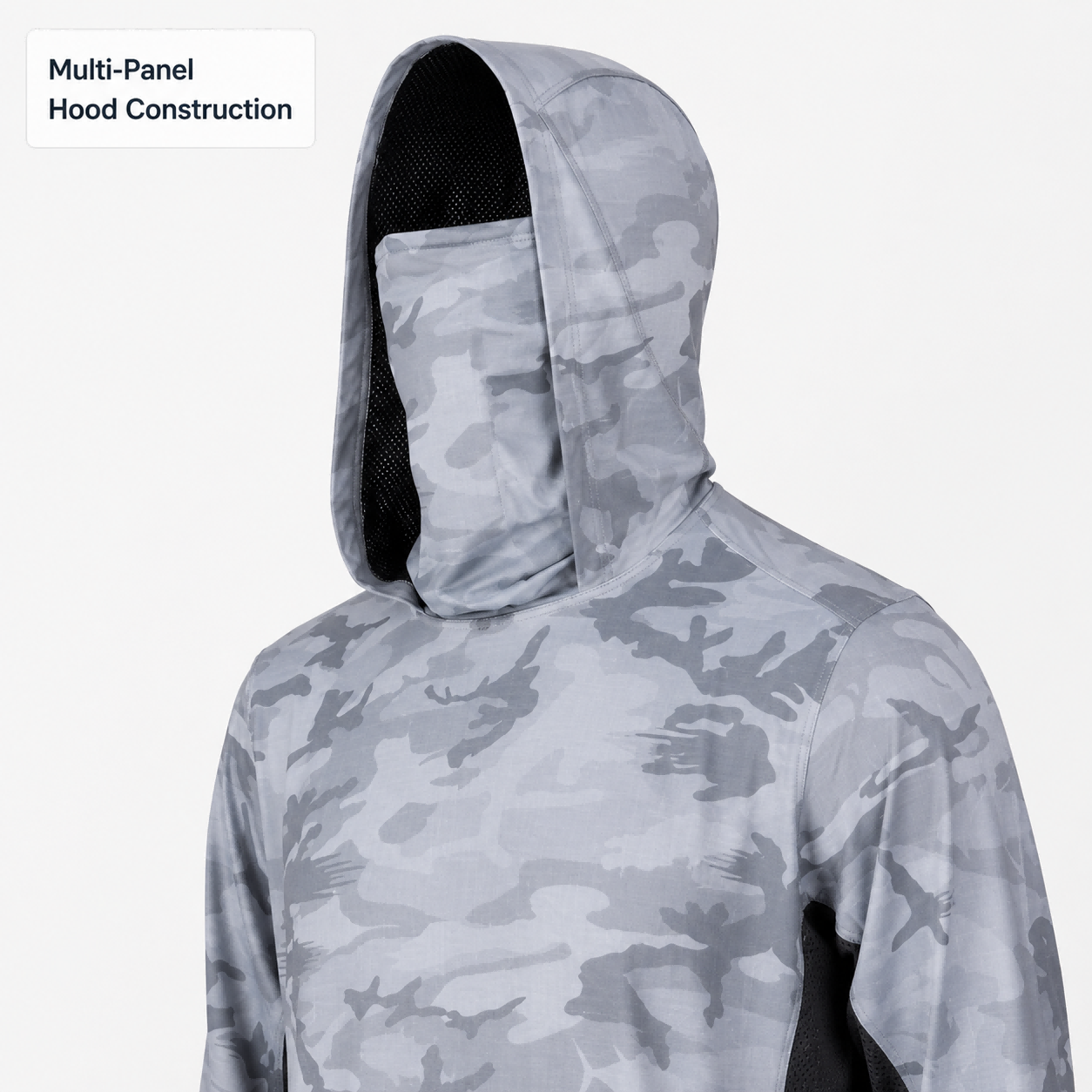 Multi-panel fishing hoodie hood construction
