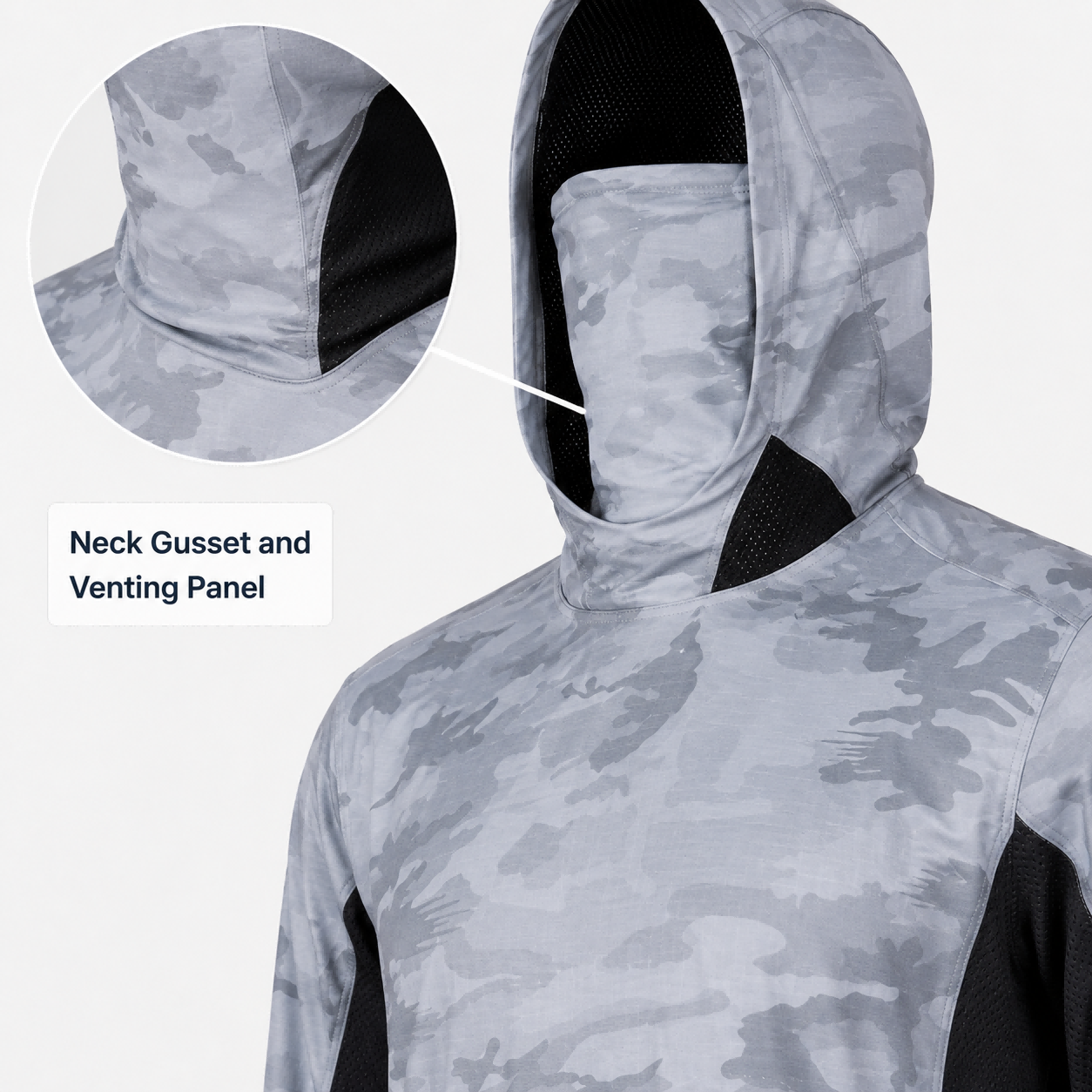 Neck gusset and venting panel for fishing hoodie