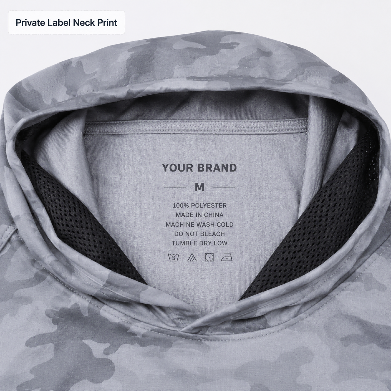 Private label neck print for fishing hoodie