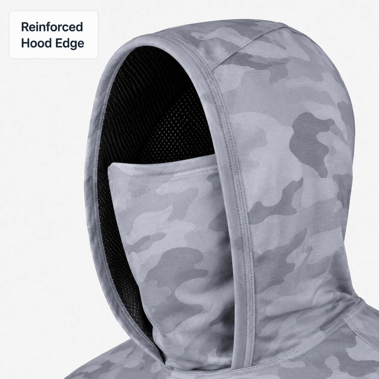 Reinforced hood edge on custom fishing hoodie