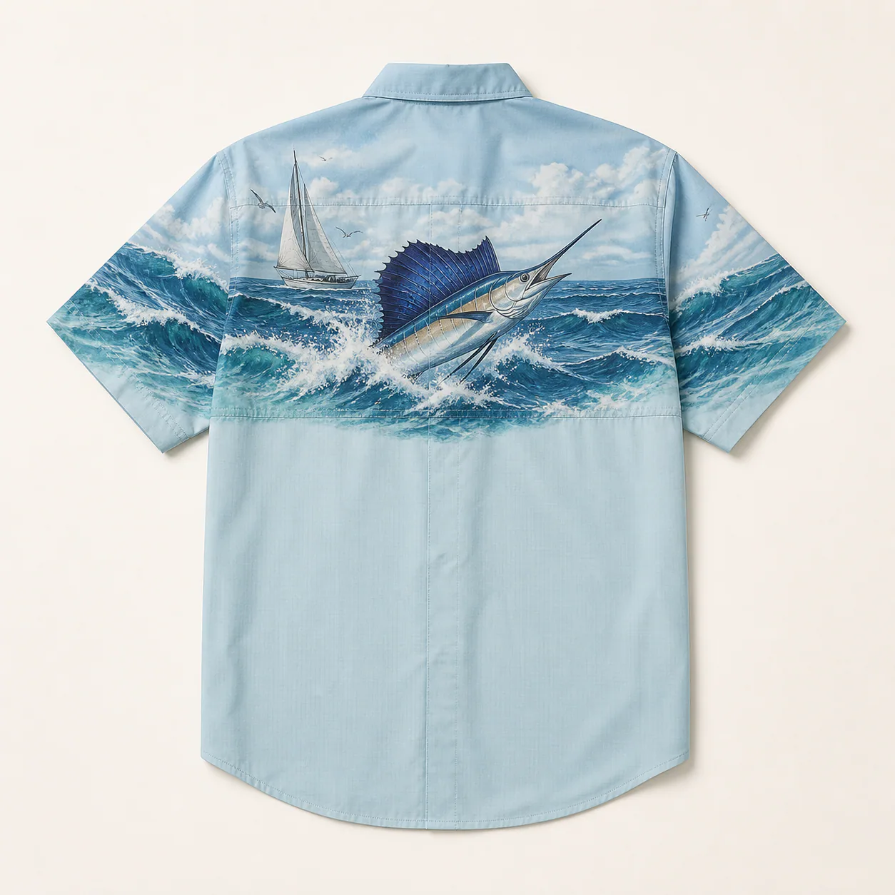 Full-color digital printing example on a custom button-up fishing shirt