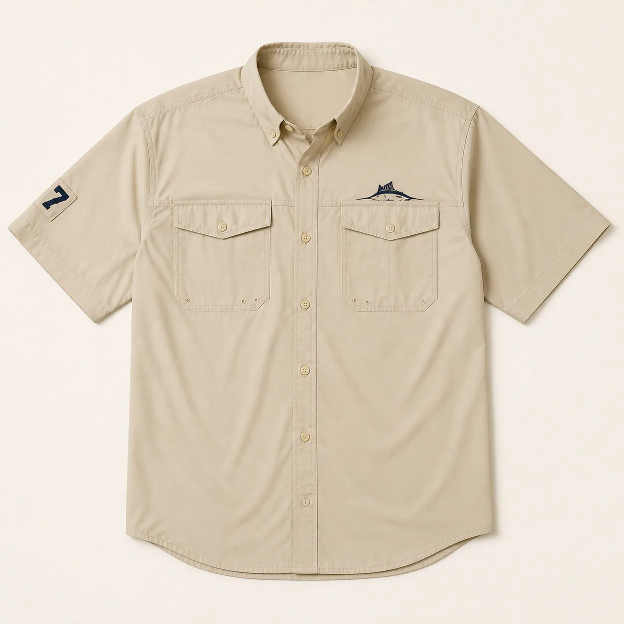 Small heat transfer logo and sleeve number on a custom button-up fishing shirt