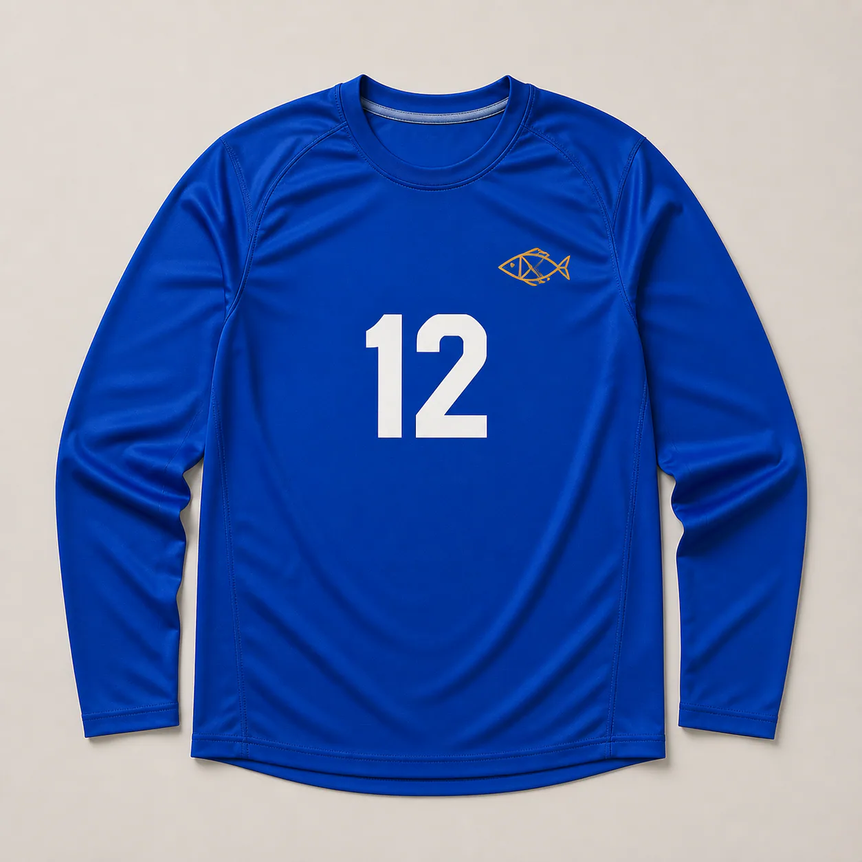 Heat transfer number and chest emblem example on a custom fishing shirt