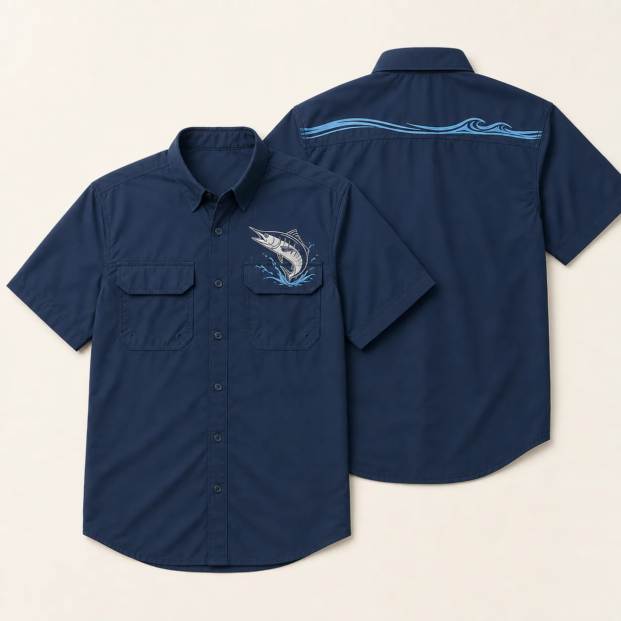 Spot-color screen printing example on a custom button-up fishing shirt