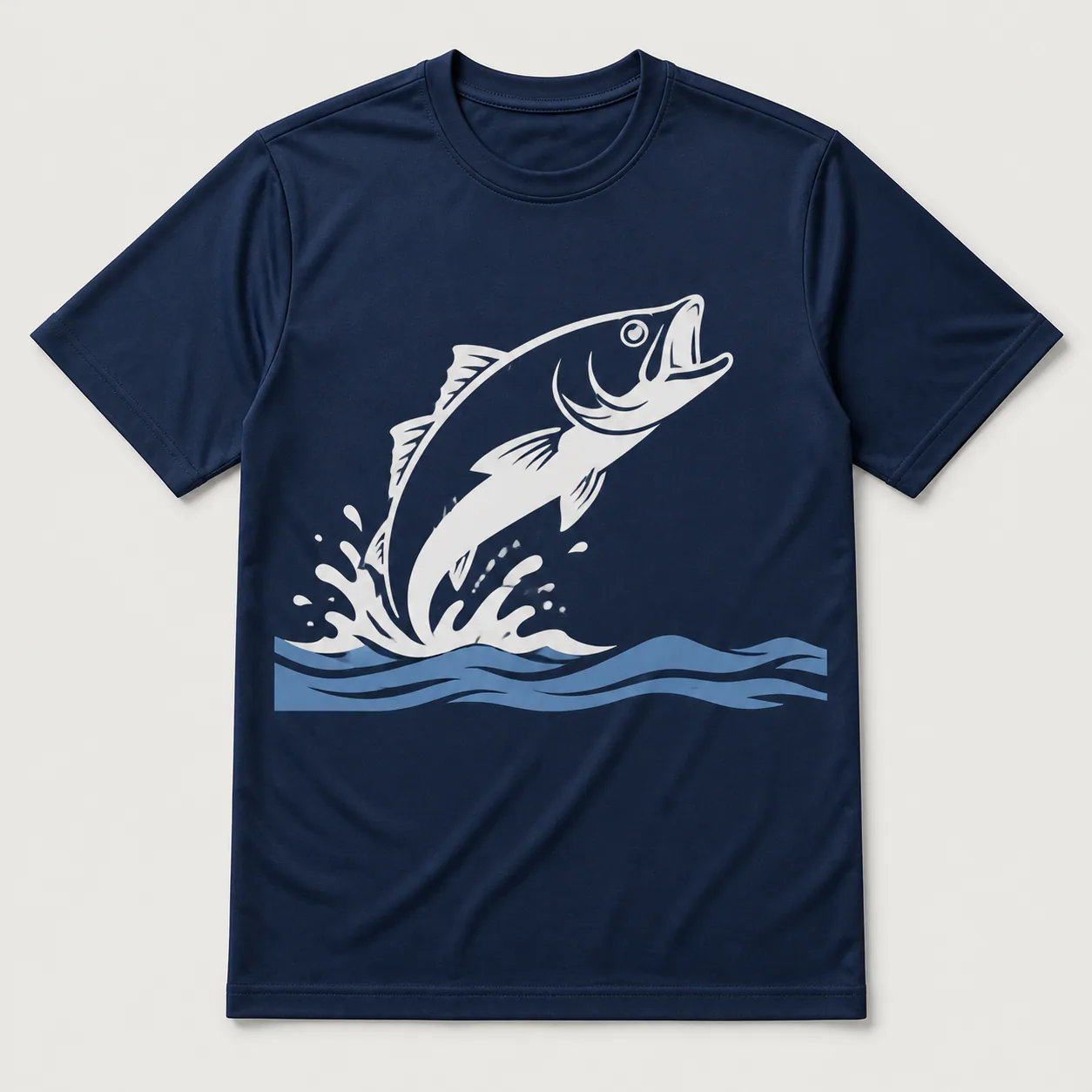 Two-color screen printing example on a navy custom fishing T-shirt