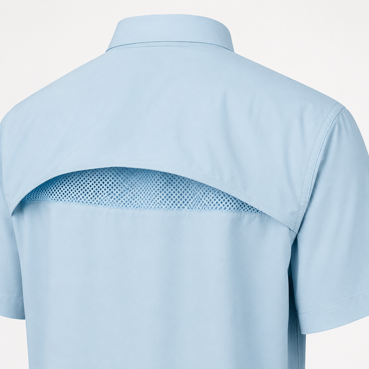 Mesh-lined back vent detail on fishing shirt