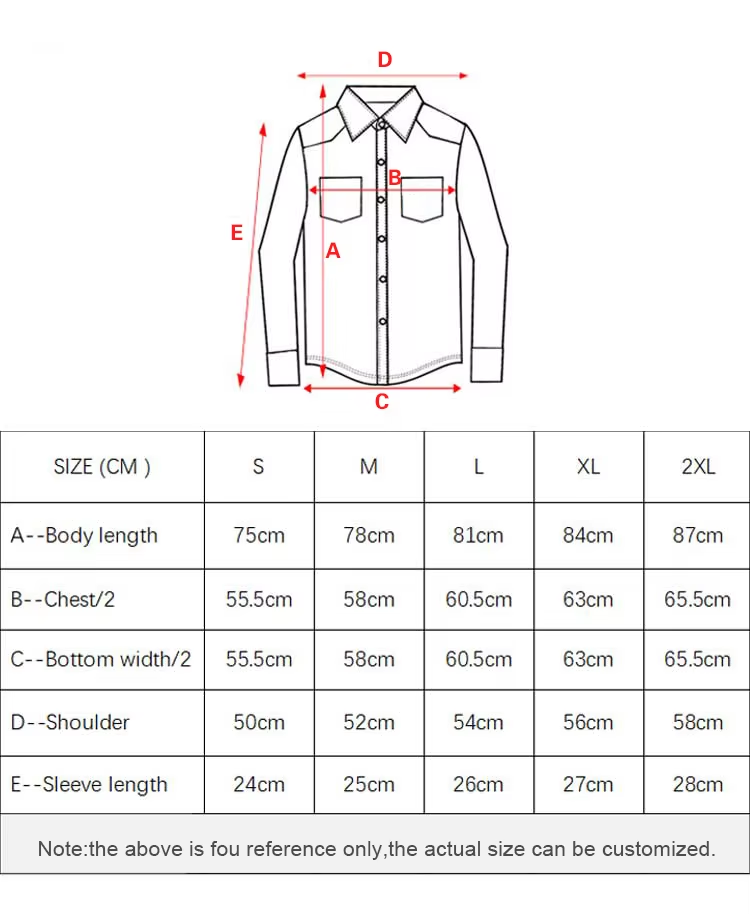 Button-up fishing shirt size chart in centimetres