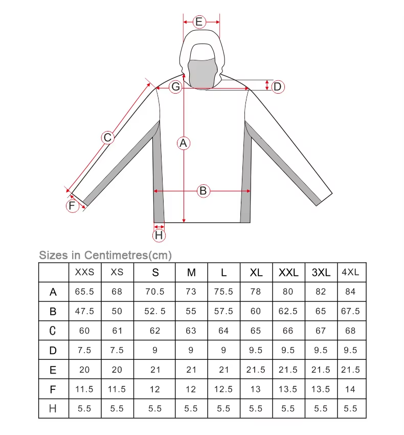 Fishing hoodie size chart in centimetres
