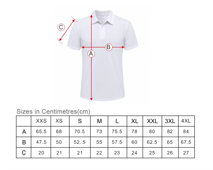 Fishing polo shirt size chart in centimetres