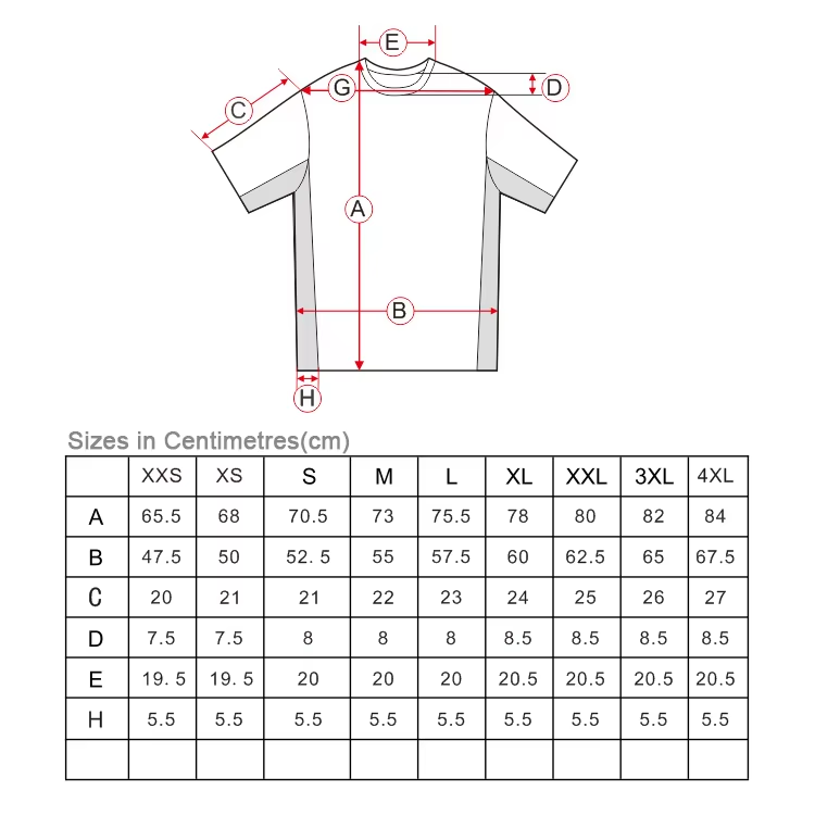 Short-sleeve fishing shirt size chart in centimetres