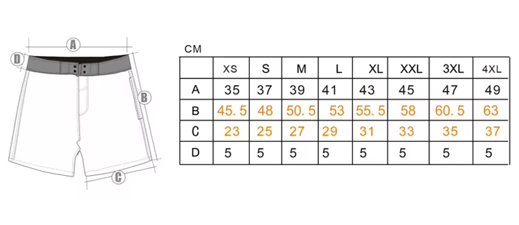 Fishing shorts size chart in centimetres