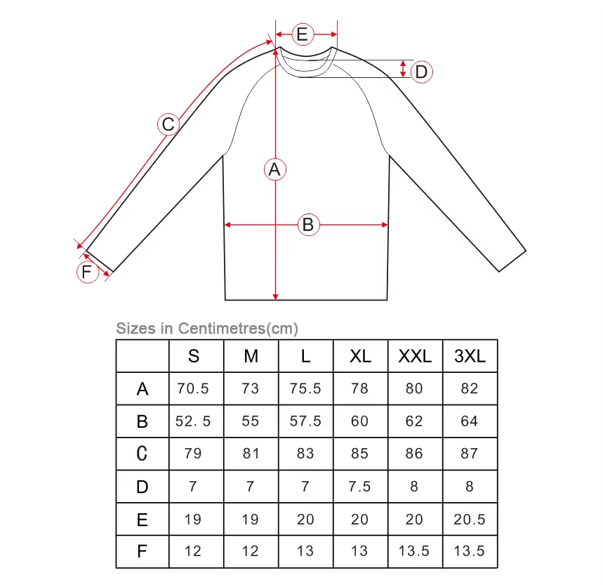 Long sleeve fishing T-shirt size chart in centimetres