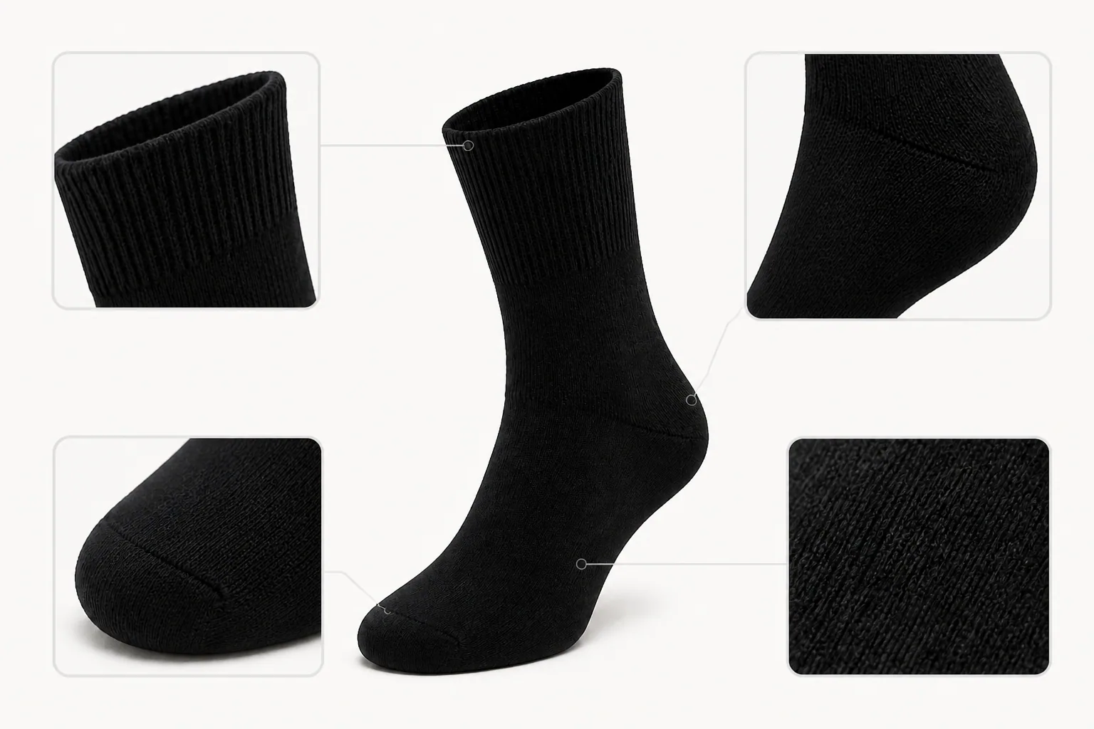 Black crew sock showing ribbed cuff, shaped heel, reinforced toe seam, and dense knit construction details