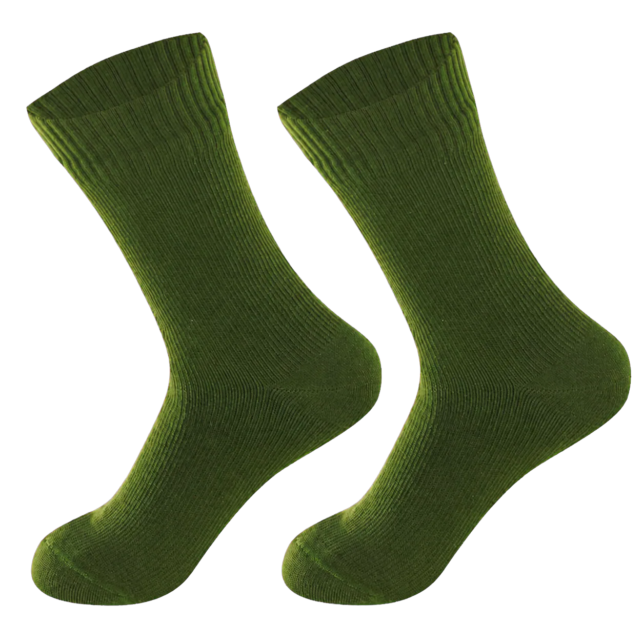 Plain olive-green ribbed crew socks on a transparent background
